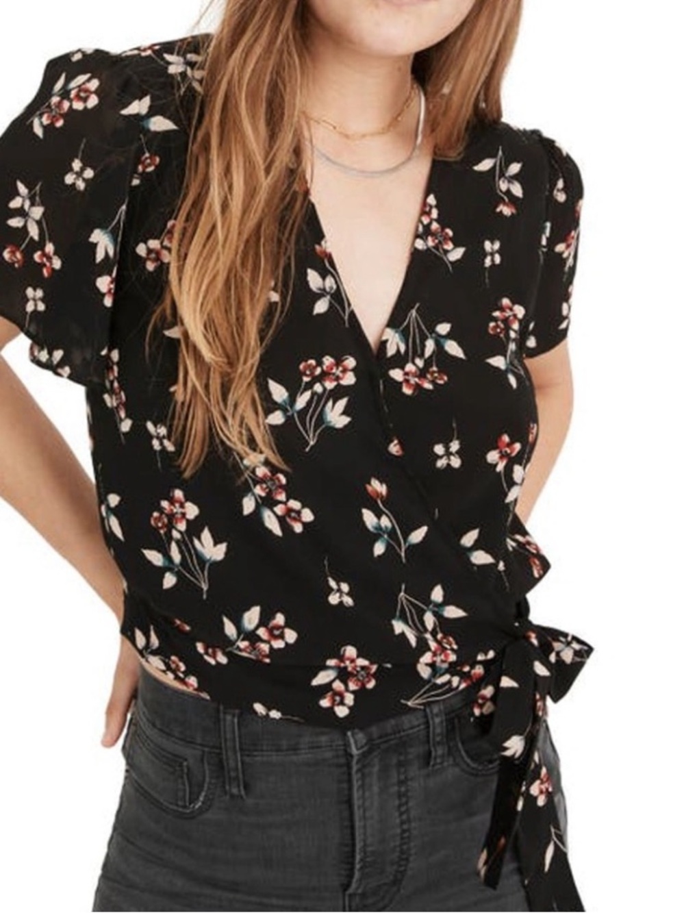 Madewell Black Floral Wrap Blouse with Red & Cream Accents